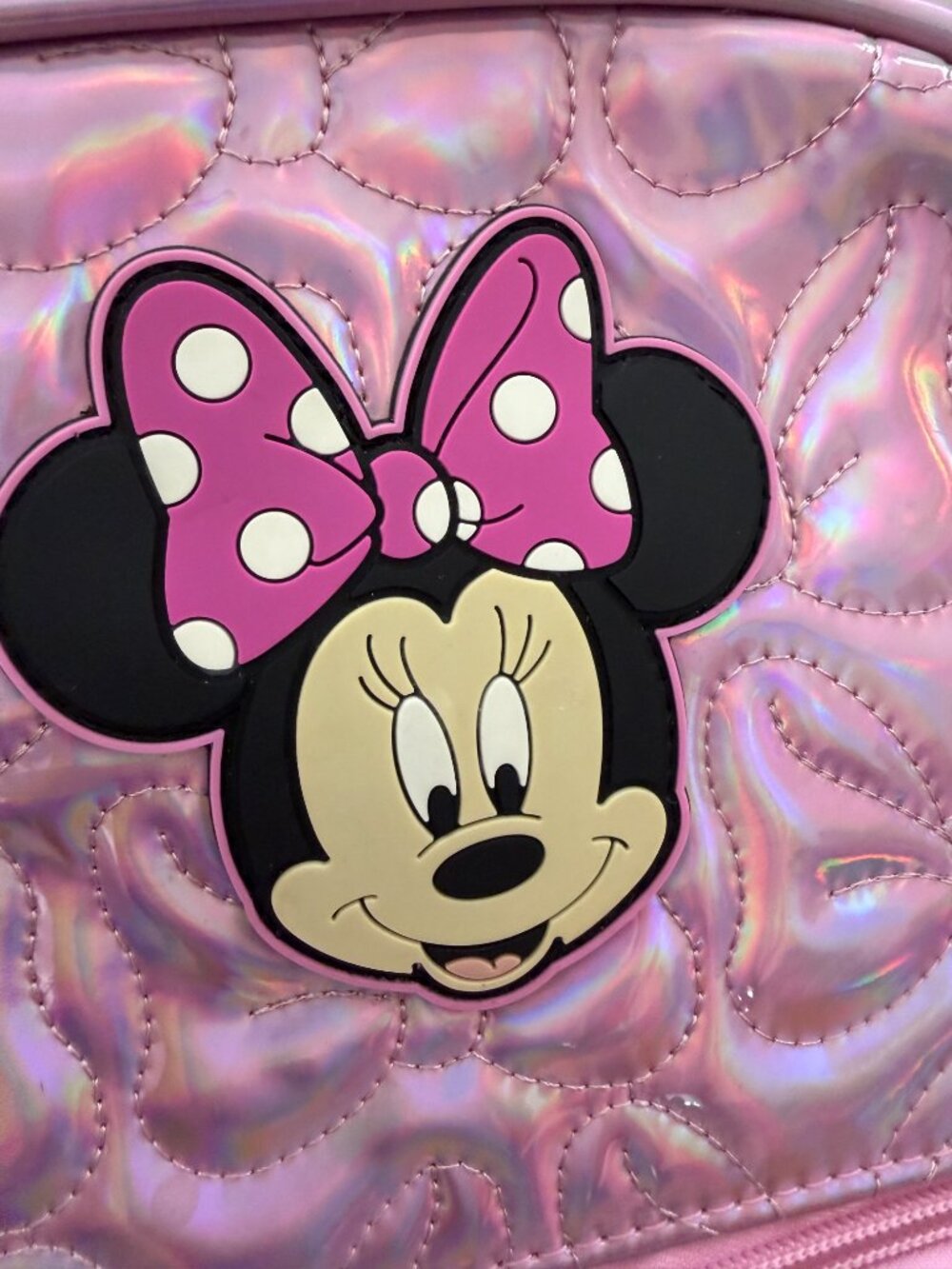 Disney Minnie Mouse Pink Holographic Quilted Bow Mini Backpack - Picture 5 of 9